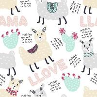 Pastel colored seamless pattern of lamas and cactuses vector