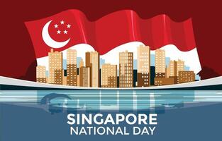 día nacional de singapur con horizonte y fondo de bandera vector