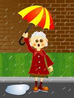 abuela de divertidos dibujos animados de pie bajo la lluvia vector