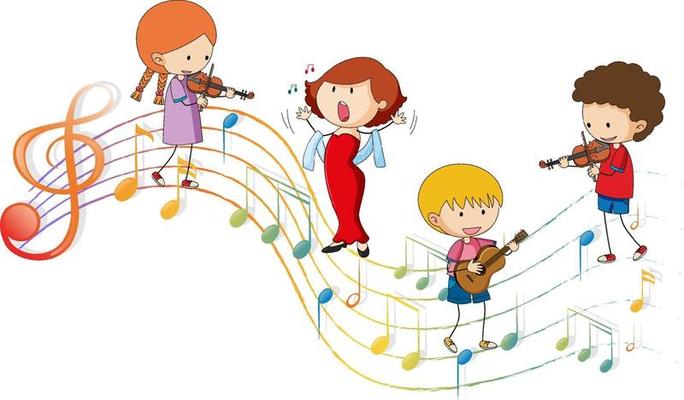 Musical melody symbols with many doodle kids cartoon character