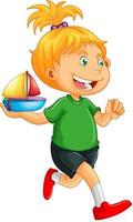 personaje de dibujos animados de niña feliz sosteniendo un barco de juguete vector