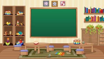 Empty classroom scene with interior decoration and objects vector