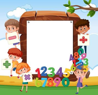 Empty wooden frame with school kids and math objects