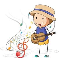 Cartoon doodle a boy playing guitar with melody symbols vector