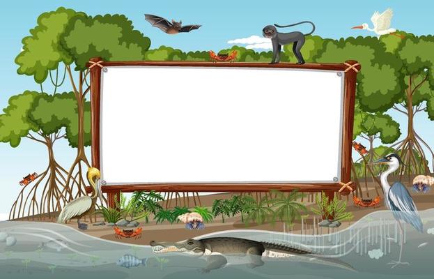 Empty banner in mangrove forest scene with wild animals