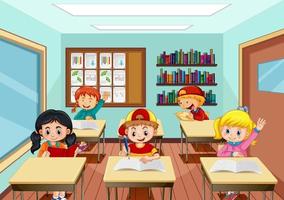 Scene with many kids studying in the classroom vector
