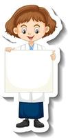 Cartoon character sticker with scientist girl holding empty board vector