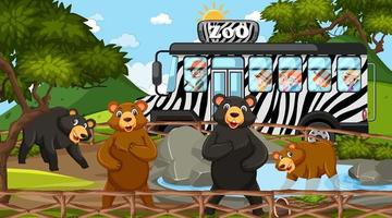 Safari at day time scene with many kids watching bear group vector