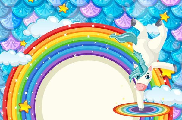 Rainbow banner with cute unicorn on colourful fish scales background