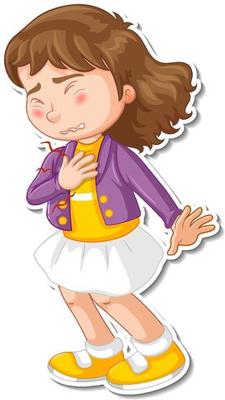 Sticker design with a girl feeling chest pain cartoon character