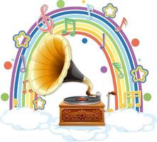 Gramophone with melody symbols on rainbow vector