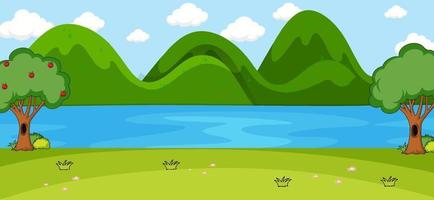 Escena del parque vacío con río y montaña en estilo simple. vector