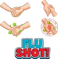 Flu Shot font in cartoon style with hands holding together isolated vector