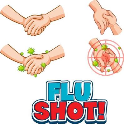 Flu Shot font in cartoon style with hands holding together isolated