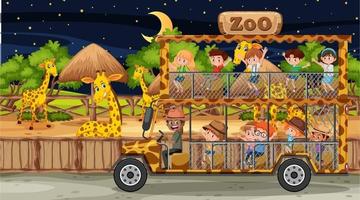 Safari at night scene with many kids watching giraffe group vector