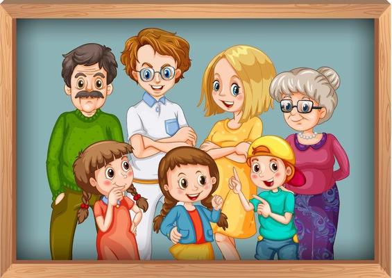 Happy big family photo on wooden frame