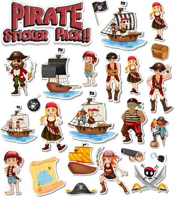 Pirate sticker pack set with cartoon character isolated