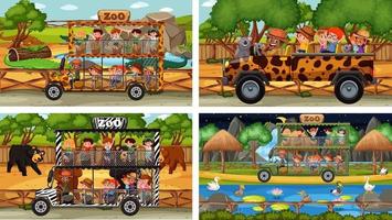 Set of different animals in safari scenes with kids vector