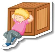 Un niño durmiendo la siesta junto a una caja de madera sobre fondo blanco. vector