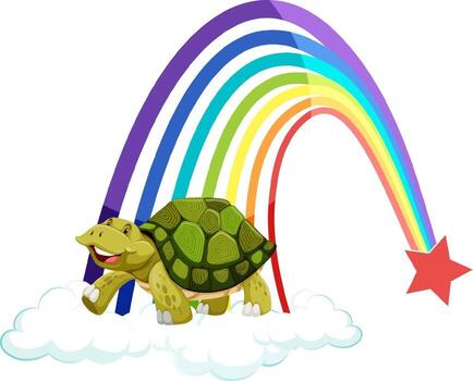A turtle standing on the cloud with rainbow on white background vector