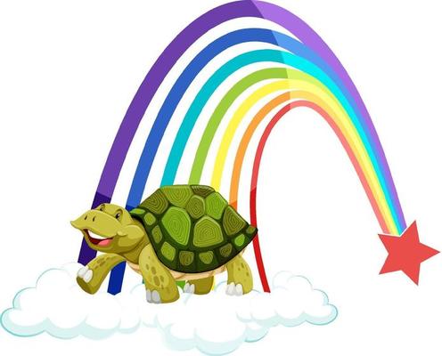 A turtle standing on the cloud with rainbow on white background
