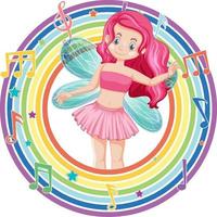 Beautiful fairy in rainbow round frame vector