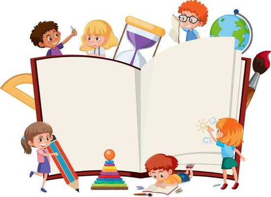 Empty opened book with school kids and stationery elements