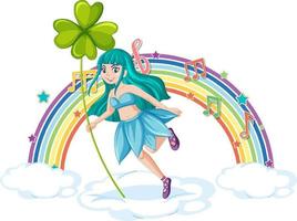 Beautiful fairy standing on a cloud with rainbow vector