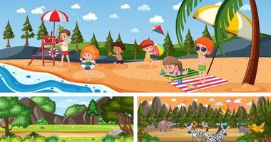 Set of outdoor panoramic landscape with cartoon character vector