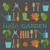 Hello garden set with leaves tools boots plants vector