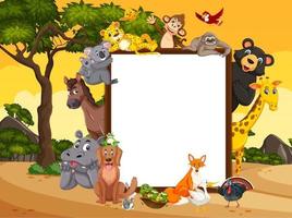 Empty wooden frame with various wild animals in the forest vector