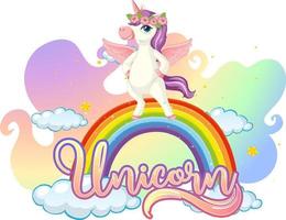 Cartoon character of unicorn standing on rainbow with unicorn font vector