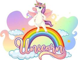 personaje de dibujos animados de unicornio de pie sobre un arco iris con fuente de unicornio vector