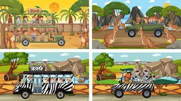 Conjunto de diferentes escenas de safari con animales y personajes de dibujos animados para niños. vector