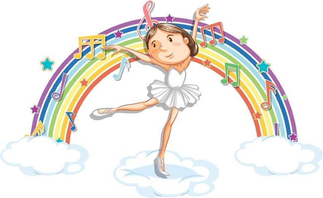 Ballerina dancing on the cloud with melody symbols on rainbow