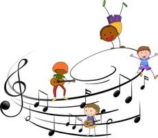 Símbolos de melodía musical con muchos personajes de dibujos animados de niños doodle vector