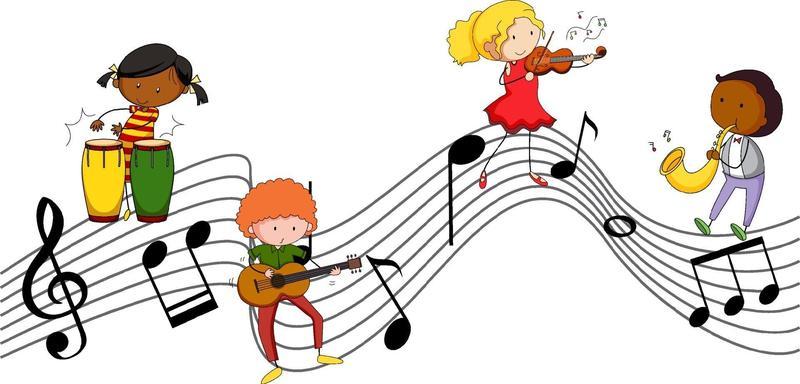 Musical melody symbols with many doodle kids cartoon character