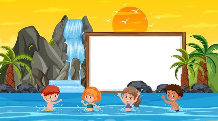 Empty banner template with kids on vacation at the beach sunset scene