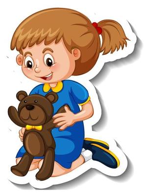 Sticker template with a girl playing with her teddy bear isolated