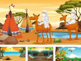 Four different nature horizontal scenes with nomads on camels vector