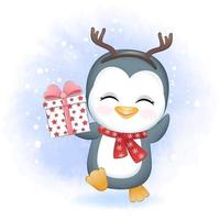 Cute penguin with gift box in winter vector