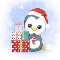 Cute penguin with gift box in winter, Christmas illustration. vector