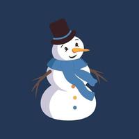 muñeco de nieve feliz con cara, sombrero, zanahoria y bufanda vector