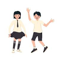 niño y niña de cabello oscuro y uniformes escolares. niños sonrientes felices vector