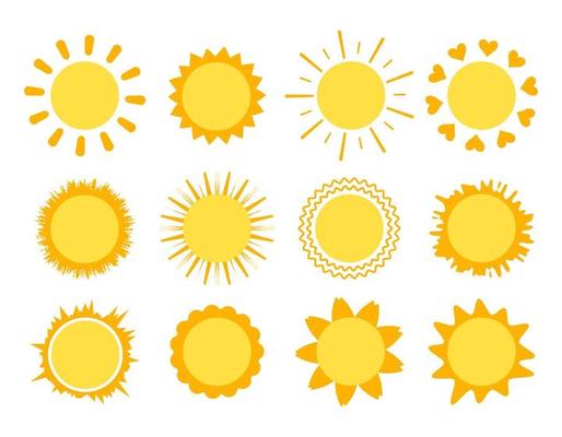 Sun with rays of different shapes. Yellow symbol of weather