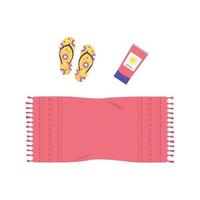 summer items for relaxing. Mat or towel, sunscreen and flip flops vector