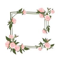 Peony wreath. Square frame, cute pink flowers and leaves vector