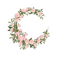 A wreath of peonies. Round frame, pink cute flowers and leaves