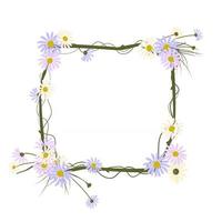 Daisy wreath. Square frame, cute purple and white flowers