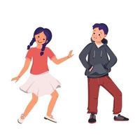 A boy in a hoodie and jeans and a girl in a skirt with braids. vector